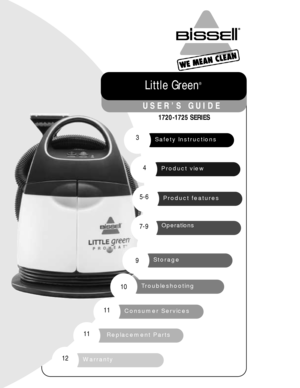 Page 1USER’S GUIDE
1720 -1725 SERIES
Little Green® 
Safety Instructions
Product view
Product features
3
4
5-6
7-9
Storage9
Troubleshooting10
Warranty12
Replacement Parts 11
Consumer Services 11
Operations 