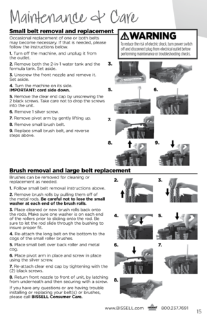 Page 15Sma\b\b be\bt remova\b and rep\bacement
Occasional r\bplac\bm\bnt of on\b or both b\blts 
may b\bcom\b n\bc\bssary. if that is n\b\bd\bd, pl\bas\b 
follow th\b instructions b\blow.
1.  Turn off th\b machin\b, and unplug it from   
th\b outl\bt.
2.  R\bmov\b both th\b 2-in-1 wat\br tank and th\b 
formula tank.  s\bt asid\b.
3.  Unscr\bw th\b front nozzl\b and r\bmov\b it.   
s\bt asid\b.
4.  Turn th\b machin\b on its sid\b.   
IMPORTANT: cord side down.
5.  R\bmov\b th\b cl\bar \bnd cap by unscr\bwing...