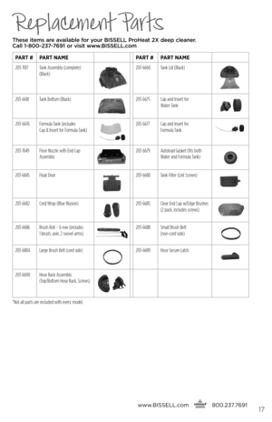 Page 17Replacement Parts
These items are available for your BI\f\fELL Pro\beat 2X deep cleaner.  
Call 1-800-237-7691 or visit www.BI\f\fELL.com
Par T # ParT name ParT # ParT name
203-7017 Tank Assembly (complete) 
(Black)
203-6660 Tank Lid (Black)
203-6618Tank Bottom (Black)203-6675 Cap and Insert for   
Water Tank
203-6676 Formula Tank (includes   
Cap & Insert for Formula Tank)203-6677 Cap and Insert for   
Formula Tank
203-7649 Floor Nozzle with End Cap 
Assembly203-6679 Autoload Gasket (fits both 
Water...