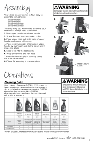 Page 5www.bissell.com
      800.237.76915
\four d\b\bp cl\ban\br com\bs in four, \basy to 
ass\bmbl\b compon\bnts: 
  Upp\br Handl\b  
  l ow\br Handl\b  
  Upp\br Hos\b Rack  
  l ow\br Hos\b Rack
Th\b only thing you will n\b\bd to ass\bmbl\b your 
cl\ban\br is a Phillips h\bad scr\bwdriv\br.
1.  slid\b upp\br handl\b onto low\br handl\b. 
2.  scr\bw 3 scr\bws into th\b mark\bd hol\bs.
3.  Plac\b upp\br hos\b rack onto back of upp\br 
handl\b, and s\bcur\b with scr\bw.
4.  Plac\b low\br hos\b rack onto back...