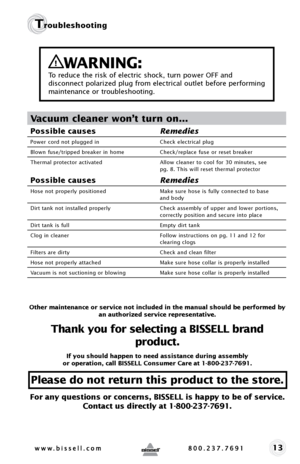 Page 1313
Troubleshooting
Vacuum cleaner won’t turn on...
Possible causesRemedies
Power cord not plugged in Check electrical plug
Blown fuse/tripped breaker in home Check/replace fuse or reset breaker
Thermal protector activated Allow cleaner to cool for 30 minutes, see  
pg. 8. This will reset thermal protector
Possible causes Remedies
Hose not properly positioned  Make sure hose is fully connected to base  
and body
Dirt tank not installed properly Check assembly of upper and lower portions, 
correctly...