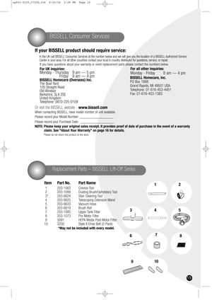 Page 15BISSELL Consumer Services
Replacement Parts – BISSELL Lift-Off Series
21
45
78
10
3
6
9
If your BISSELL product should require service:
In the UK call BISSELL Consumer Services at the number below and we will give you the location of a BISSELL Authorized Service
Center in your area. For all other countries contact your local in country distributor for questions, service, or repair.
If you have questions about your warranty or need replacement parts please contact the numbers below.
For UK inquiries:...