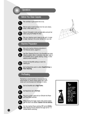 Page 1010
Plan activities to give carpet time to dry.
Remove easily moved furniture from the room (chairs,
lamps, coffee tables, etc).
Vacuum thoroughly to pick up loose debris and pet hair
before using the ProHeat Pro-Tech.
Plan your cleaning route to leave an exit path. It is best
to begin cleaning in the corner farthest from your exit.
Set up the machine following instructions in 
The Features section, pages 6-9.
Use Fiber Cleansing Formula in the SmartMix tank when
cleaning carpets, stairs or upholstery....