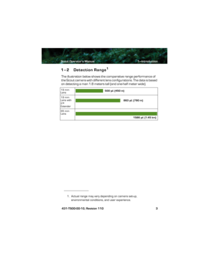 Page 7Scout Operator’s Manual 1—Introduction
 431-TS00-00-10, Revision 110 3
1–2 Detection Range1
The illustration below shows the comparative range performance of 
the Scout camera with different lens configurations. The data is based 
on detecting a man 1.8 meters tall (and one-half meter wide).
1. Actual range may vary depending on camera set-up, 
environmental conditions, and user experience.
19 mm 
Lens
19 mm 
Lens with 
2
× 
Extender
65 mm 
Lens
500 yd. (450 m)
863 yd. (790 m)
1586 yd. (1.45 km) 