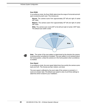Page 44 M-Series System Configuration
42432-0003-00-10 Rev 150 — M-Series Operator’s Manual 
Scan Width
In surveillance mode, the Scan Width determines the range of horizontal azimuth 
(pan) covered by each scan. The choices are:
Narrow. The camera scans from approximately 20
o left and right of center
(40o total).
Medium. The camera scans from approximately 40
o left and right of center
(80o total).
Wide. The camera scan covers 80
o to the left and right of center (160o total).
The default scan width is wide....