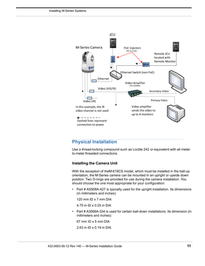 Page 13432-0003-00-12 Rev 140 — M-Series Installation Guide 11
 Installing M-Series Systems
Physical Installation
Use a thread-locking compound such as Loctite 242 or equivalent with all metal-
to-metal threaded connections.
Installing the Camera Unit
With the exception of theM-618CS model, which must be installed in the ball-up 
orientation, the M-Series camera can be mounted in an upright or upside down 
position. Two O-rings are provided for use during the camera installation. You 
should choose the one most...