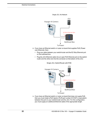 Page 24Electrical Connections
22432-0005-00-12 Rev 100 — Voyager III Installation Guide 
2.If you have an Ethernet switch or router on-board that supplies PoE (Power 
over Ethernet), then:
• Plug one cable between your switch/r outer and the E2 Ship Ethernet port 
on the bulkhead box.
• Plug the JCU Ethernet cable into an ope n PoE Ethernet port on the switch/
router and the other end into the  connector on the bottom of the JCU.
3.If you have an Ethernet switch or rout er on-board that does not supply PoE,...