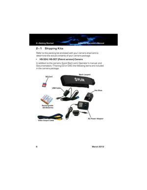 Page 122—Getting Started H-Series Operator’s Manual
6 March 2012
2–1 Shipping Kits
Refer to the packing list enclosed with your camera shipment to 
determine the actual contents of your camera package.
• HS-324/HS-307 (Patrol version) Camera
In addition to the camera, Quick Start card, Operator’s manual, and 
Documentation/Training CD or DVD; the following items are included 
in the camera package:
Neck Lanyard
Hot Shoe
Video Output CableUSB Cable
AC Power Adaptor SD Card
Rechargeable
AA Batteries...