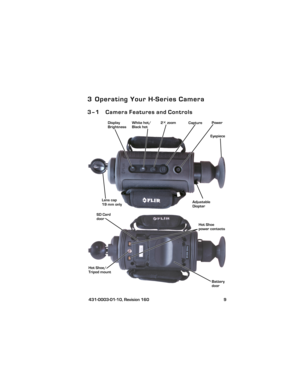 Page 15 431-0003-01-10, Revision 160 9
3 Operating Your H-Series Camera
3–1 Camera Features and Controls
Power 2× zoom White hot/ Display 
Black hot
Adjustable
DiopterEyepiece
Lens capCapture
Brightness
SD Carddoor
Battery
door Hot Shoe/
Tripod mount
Hot Shoe 
power contacts
19 mm only
HS_Series_Operators.book  Page 9  Thursday, March 29, 2012  3:03 PM 