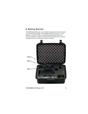 Page 11 431-BHS0-00-10, Revision 110 5
2 Getting Started
The BHS-Series Bi-Ocular camera with accessories is shown packed 
in its Hard Carrying Case. The available lenses are shown in “Lens 
Options” on page 7. Refer to the packing list enclosed with your 
camera shipment to determine the actual contents of your camera 
package and lens or lenses you have purchased.
QD100
QD65
QD35
431-BHS0-01-10 BHS-Series Operators Manual.book  Page 5  Friday, April 6, 2012  1:16 PM 