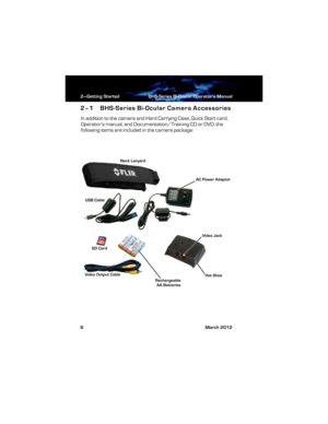 Page 122—Getting Started BHS-Series Bi-Ocular Operator’s Manual
6 March 2012
2–1 BHS-Series Bi-Ocular Camera Accessories
In addition to the camera and Hard Carrying Case, Quick Start card, 
Operator’s manual, and Documentation/Training CD or DVD; the 
following items are included in the camera package:
Neck Lanyard
Hot Shoe Video Output CableSD CardAC Power Adaptor
USB Cable
Rechargeable
AA Batteries
Video Jack
431-BHS0-01-10 BHS-Series Operators Manual.book  Page 6  Friday, April 6, 2012  1:16 PM 