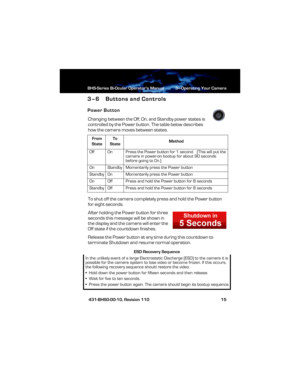 Page 21BHS-Series Bi-Ocular Operator’s Manual 3—Operating Your Camera
 431-BHS0-00-10, Revision 110 15
3–6 Buttons and Controls
Power Button
Changing between the Off, On, and Standby power states is 
controlled by the Power button. The table below describes 
how the camera moves between states.
To shut off the camera completely press and hold the Power button 
for eight seconds.
After holding the Power button for three 
seconds this message will be shown in 
the display and the camera will enter the 
Off state...