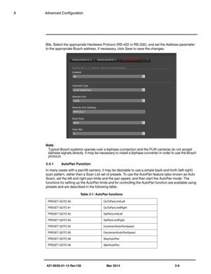 Page 49427-9030-01-12 Rev130 Mar 2014 3-9
3Advanced Configuration
Bits. Select the appropriate Hardware Protocol (RS-422 or RS-232), and set the Address parameter 
to the appropriate Bosch address. If necessary, click Save to save the changes.
Note
Typical Bosch systems operate over a biphase connection and the FLIR cameras do not accept 
biphase signals directly. It may be necessary to install a biphase converter in order to use the Bosch 
protocol.
3.4.1 AutoPan Function
In many cases with a pan/tilt camera,...