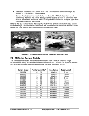 Page 7427-0042-00-10 Revision 130                       Copyright © 2011 FLIR Systems, Inc.   7 
  Selectable Automatic Gain Control (AGC) and Dynamic Detail Enhancement (DDE) 
settings for optimization of video imagery 
  Camera Palette (also known as Polarity) - by default the White Hot palette is used; 
alternatively the Black Hot palette displays warmer objects as black or dark rather than 
white or light shades. Additional pseudo color palettes are available using the application 
software supplied with...