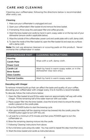 Page 88
CARE AND CLEANING
Cleaning your coffeemaker, following the directions below is recommended 
after every use. 
 
Cleaning
1. Make sure your coffeemaker is unplugged and cool.
2. Open your coffeemaker’s filter basket lid and remove the brew basket. 
3. If remaining, throw away the used paper filter and coffee grounds.
\b. Wash the brew basket and carafe by hand in warm, soapy water or on the top rack of your 
dishwasher (ensure carafe is applicable below).
5. Wipe the outside of the coffeemaker, power...