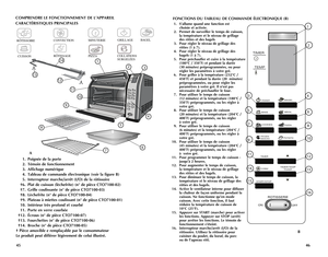 Page 24
TIMER
TEMP
BAGELTOAST
BROILBAKE
TIMER
PIZZA
POTATO
COOKIES
FROZENSNACKS
CONVTIMER/TEMP    TOAST
START/STOP
ROTISSERIE
ONOFF

1
2 
4 3 
5 
7 
6 
8 
10 9 
11 
14 
15 
12 
13 
16 
4645
 
1. 
Poignée de la porte
  2. 
Témoin de fonctionnement
  3. 
Affichage numérique
  4. 
Tableau de commande électronique (voir la figure B)
  5. 
Interrupteur marche/arrêt (I/O) de la rôtissoire
  †6. 
Plat de cuisson (lèchefrite) (n° de pièce CTO7100-02)
  †7. 
Grille coulissante (n° de pièce CTO7100-03)
  †8. 
Lèchefrite...