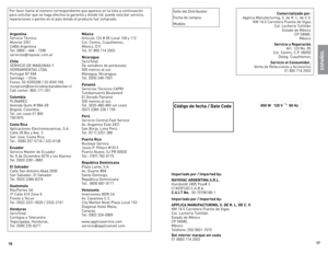 Page 91617
ESPAÑOL
Códig\b de fecha / Date C\bde
Sello del 
distribuidor:
Fecha de compra:
Modelo:C\bmercializad\b p\br:
Applica Manufacturing, S. de R.  l. de C.V. 
KM 14.\b Carretera Puente de Vigas  Col. lechería Tultitlán 
estado de México  CP \b4940,   
México
Servici\b y Reparación Art. 123  no. 9\b  
Col. Centro, C.P. 0\f0\b0  deleg. Cuauhtemoc
Servici\b al C\bnsumid\br,
Venta de Refacciones y Accesorios 01 800 714 2\b03
Imp\brtad\b p\br / Imp\brted by:
RAYOVAC ARGENTINA  S.R.L.  
Humboldt 249\b Piso# 3...