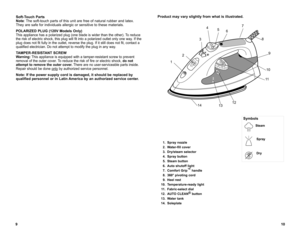 Page 610
9
Soft-Touch Parts
Note: 
the soft-touch parts of this unit are free of natural rubber and latex.   
they are safe for individuals allergic or sensitive to these materials.
POLARIZED PLUG (120V Models Only)
this appliance has a polarized plug (one blade is wider than the other).  to reduce 
the risk of electric shock, this plug will fit into a polarized outlet only one way.  if the 
plug does not fit fully in the outlet, reverse the plug.  if it still does not fit, contact a 
qualified electrician....