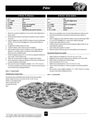 Page 27* Au Canada, utiliser de la farine de boulangerie ou de la farine
tout usage; aux États-Unis, utiliser de la farine de boulangerie.
Pâte
1. Mesurer les six premiers ingrédients et les verser dans l’ordre indiqué dans le
plat de cuisson.
2. Insérer fermement le plat de cuisson dans la chambre de cuisson et refermer
le couvercle.
3. Choisir le réglage pour la pâte (DOUGH) et enfoncer la touche de démarrage
(START ). Il y a un cycle de réchauffage de 25 minutes avant le début du
pétrissage.
4. Le signal...