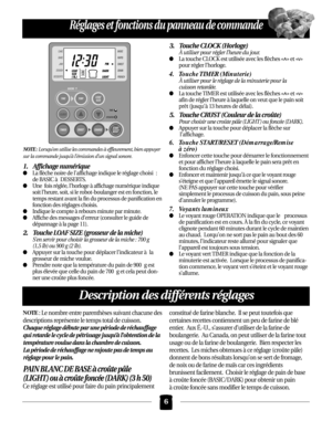 Page 42NOTE:Lorsqu’on utilise les commandes à effleurement, bien appuyer
sur la commande jusqu’à l’émission d’un signal sonore.
1. Affichage numérique
La flèche noire de l’affichage indique le réglage choisi :
de BASIC à DESSERTS.
Une  fois réglée, l’horloge à affichage numérique indique
soit l’heure, soit, si le robot-boulanger est en fonction, le
temps restant avant la fin du processus de panification en
fonction des réglages choisis.  
Indique le compte à rebours minute par minute. 
Affiche des messages...