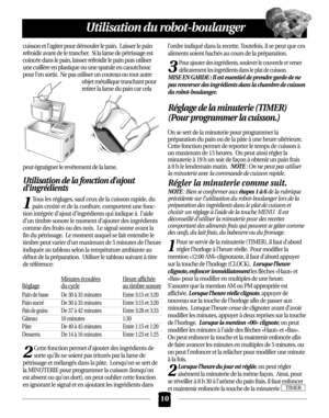 Page 46cuisson et l’agiter pour démouler le pain.  Laisser le pain
refroidir avant de le trancher.  Si la lame de pétrissage est
coincée dans le pain, laisser refroidir le pain puis utiliser
une cuillère en plastique ou une spatule en caoutchouc
pour l’en sortir.  Ne pas utiliser un couteau ou tout autre
objet métallique tranchant pour
retirer la lame du pain car cela
peut égratigner le revêtement de la lame.
Utilisation de la fonction d’ajout 
d’ingrédients
1
Tous les réglages, sauf ceux de la cuisson rapide,...