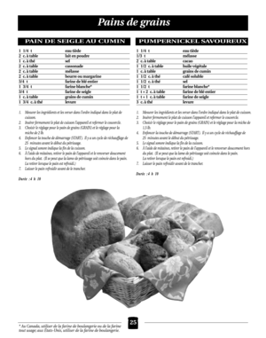 Page 6125
Pains de grains
* Au Canada, utiliser de la farine de boulangerie ou de la farine
tout usage; aux États-Unis, utiliser de la farine de boulangerie.
PAIN DE SEIGLE AU CUMIN
1. Mesurer les ingrédients et les verser dans l’ordre indiqué dans le plat de 
cuisson.
2. Insérer fermement le plat de cuisson l’appareil et refermer le couvercle.
3. Choisir le réglage pour le pain de grains (GRAIN) et le réglage pour la 
miche de 2 lb.
4. Enfoncer la touche de démarrage (START ). Il y a un cycle de réchauffage de...