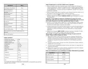 Page 62
122
123

Ingrédients908 g
Enveloppes de psyllium42 g
Flocons d’avoine à 
cuisson rapide ou 
normale
42 g
Flocons de levure 
nutritionnelle42 g
Son d’avoine170 g
Édulcorant SplendaMD57 g
Son de riz57 g
Gluten de froment 
élastique227 g
Farine panifiable454 g
Levure sèche active2 g
Sélectionner le cycle Pain à faible teneur en 
glucides
Donne 28 tranches
Valeur nutritive*
Calories par tranche106Calories provenant des 
matières grasses45
Matière grasse totale5 g
Cholestérol20 mg
Sodium187 mg
Potassium90...