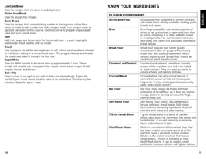 Page 815
14
enGliSH
low ca\fb B\fead
Used for recipes that are lower in carbohydrates.
Gluten F\fee B\fead 
Used for gluten free recipes.
qui\bk B\fead
Used for recipes that contain baking powder or baking sod\6a, rather than 
yeast, to make bread or cake rise. Cake recipes made from scratch must be 
specially designed for this course. Use this course to prepare prepackaged 
cake and quick bread mixes.
Jam
Add fruit, sugar a\6nd lemon juice for homemade jam – \6a great topping for 
homemade bread, waffles and...