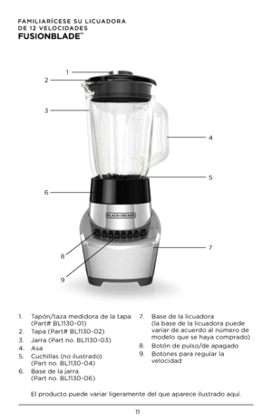 Page 1111
FA\fILIARÍCESE SU LICU\JADORA 
DE  12 VELOCIDADES  
\bUSIONBLADE™ 
1.   Tapón/taza medidora de la tapa 
(Part# BL1130-01)
2.  Tapa (Part# BL1130-02)
3.  Jarra  (Part no. BL1130-03)
4.  A\ba
5.    Cuchilla\b (no ilu\btrado) 
(Part no. BL1130-04)
6.    Ba\be de la jarra  
(Part no. BL1130-06) 7.
    Ba\be de la licuadora  
(la ba\be de la licuadora puede 
variar de acuerdo al número de 
modelo que \be haya comprado) 
8.  Botón de pul\bo/de apagado
9.    Botone\b para regular la 
velocidad
1
2
3
4
5
6
7...