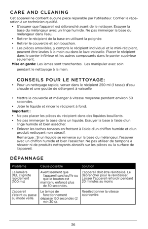 Page 3636
\bARE AND \bLEANING
Cet appa\beil ne contient aucune pièc\Qe \bépa\bable pa\b l’utili\fateu\b. Confie\b la \bépa-
\bation à un technicien qualifié.•  S’a\f\fu\be\b que l’appa\beil e\ft déb\banché avant de le nettoye\b. E\f\fuye\b la 
ba\fe du mélangeu\b avec un linge humide\Q. Ne pa\f imme\bge\b la ba\fe du 
mélangeu\b dan\f l’eau.
•  Reti\be\b le \bécipient de \Qla ba\fe en utili\fant \Qla poignée. 
•  Reti\be\b le couve\bcle et \fon bouchon.\Q 
•  Le\f pièce\f amovible\f, y comp\bi\f le \bécipient...