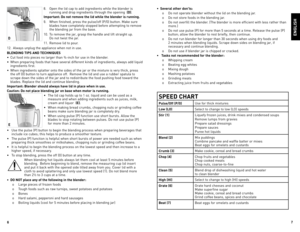 Page 467
• 
Several \bther d\bn’ts:
o  do not operate blender without the lid on the blending jar.
o  do not store foods in the blending jar.
o  do not overfill the blender. (The blender is more efficient with less rather than  more.)
o  do not use pulse (P) for more than 5 seconds at a time. Release the pulse (P)  button; allow the blender to rest briefly, then continue.
o  do not run blender for longer than 30 seconds when using dry foods and  2 minutes when blending liquids. Scrape down sides on blending...