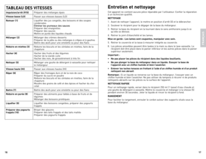 Page 91617
Entretien et nett\byage
Cet appareil ne contient aucune pièce réparable par l’utilisateur. Confier la réparation 
à un technicien qualifié.
NETTOYAGE
\f. 
Avant de nettoyer l’appareil, le mettre en position d'arrêt (0) et le débrancher.
2.  Soulever le récipient pour le dégager de la base du mélangeur.
3.  Retirer la base du récipient en la tournant dans le sens antihoraire jusqu’à ce 
qu’elle se dévisse.
4.  Retirer le joint d'étanchéité et les lames.
Mise en garde : Les lames s\bnt...