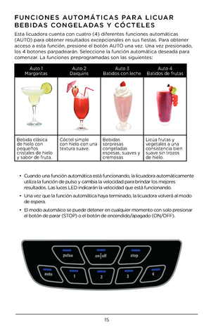 Page 1515
\bUNCIONES AUTO\fÁTICAS PARA LICUAR 
BEBIDAS CONGELADAS Y CÓCTELES 
Esta licuadora cuenta con cuatro (4) diferentes funciones automáticas 
(AUTO) para obtener resultados excepcionales en sus fi\4estas. Para obtener 
acceso a esta función, presione el botón AUTO una vez. Una vez presionado, 
los 4 botones parpadearán. S\4eleccione la función au\4tomática deseada par\4a 
comenzar. La funciones preprogramadas son las sigu\4ientes:
Auto 1 MargaritasAuto \b DaiquirisAuto 3 Batidos con lecheAuto 4Batidos de...