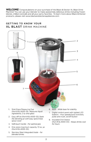 Page 33
GETTING TO KNOW YOUR 
XL BLAST DRINK MACHINE
WELC\bME! Congratulations on your purchase of the Black & Decker XL Blast Drink 
Machine! You can use your blender to make awesomely delicious drinks including frozen 
blends, chilled cocktails and all your party favorites.  To learn more about Black & Decker 
products, please visit www.blackanddeckerappliances.com 
1.  Shot Glass/Measuring Cup  (Part # BL\f000-01)  Measures liquid 
ingredients; 2 oz shot glass 
2.  Easy-off lid (Part # BL\f000-02) \feals...