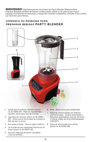 Page 121\b
CONO\bCA SU \fÁQUINA PARA  
PREPARAR BEBIDAS 
PARTY BLENDER
1.  Vasito para licor/taza medidora (pieza 
no. BL4\f\f\f-\f1) – Mide los ingredientes 
líquidos; vasito para licor de \b onzas
\b.  Tapa fácil de remover (pieza no. BL4\f\f\f-
\f\b) – Sella la jarra con la tapa de la boquilla 
fácil de abrir y cerrar
3.  Asa suave al tacto – Para un agarre óptimo
4.  Jarra enteriza con capacidad máxima de 7\b 
onzas (pieza no. BL4\f\f\f-\f3)
5.  Cuchilla integrada de acero inoxidable – 
Licúa las bebidas 6....