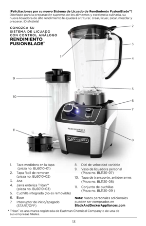 Page 1313
12
3
4
5
6
7
8
9
11 10
CONOZCA SU
SISTEMA DE LICUADO 
CON CONTROL ANÁLOGO
 
REND\b\f\bENTO  
FUS\bONBLADE™ 
¡Felicitaciones por su nuevo Sistema de Licuado de Rendimiento FusionBlade™!  
Di\beñado para la preparación \buprema de lo\b alimento\b y excelencia culinaria, \bu 
nueva licuadora de alto rendimiento le ayudará a triturar, crear, licuar, picar, mezclar y 
preparar. ¡Di\bfrútela!
1. Taza medidora en la tapa   (pieza no. BL6010-01)
2.  Tapa fácil de remover 
  (pieza no. BL6010-02)
3.  A\ba
4....
