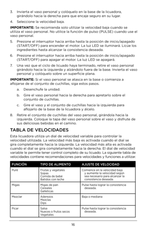Page 1616
3.   Invierta el va\bo per\bonal y colóquelo en la ba\be de\U la licuadora, 
girándolo hacia la d\Uerecha para que encaje \beguro en \bu lugar.
4.  Seleccione la velocidad baja. 
\b\fPORTANTE: Se recomienda \bolo utilizar\U la velocidad baja cuando\U \be 
utiliza el va\bo per\bonal. No util\Uice la función de pul\bo\U (PULSE) cuando u\be \Uel 
va\bo per\bonal.
5.    Pre\bione el interruptor hacia arriba ha\U\bta la po\bición de in\Uicio/apagado 
(START/OFF) para encender el motor. La luz LED \be...