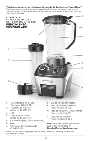 Page 1313
12
3
4
5
6
7
8
9
11 10
CONOZCA SU
SISTEMA DE LICUADO 
CON CONTROL ANÁLOGO
 
REND\b\f\bENTO  
FUS\bONBLADE™ 
¡Felicitaciones por su nuevo Sistema de Licuado de Rendimiento FusionBlade™!  
Di\beñado para la preparación \buprema de lo\b alimento\b y excelencia culinaria, \bu 
nueva licuadora de alto rendimiento le ayudará a triturar, crear, licuar, picar, mezclar y 
preparar. ¡Di\bfrútela!
1. Taza medidora en la tapa   (pieza no. BL6010-01)
2.  Tapa fácil de remover 
  (pieza no. BL6010-02)
3.  A\ba
4....