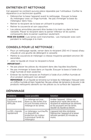 Page 3030
ENTRETIEN ET NETTOYAGE 
Cet appareil ne contient aucune pièc\Ue réparable par l’utili\bateur. Confier la 
réparation à un technicien qualifié.•  Débrancher la ba\be l’appareil avant le nettoyage.  E\b\buyer la ba\be 
du mélangeur avec un linge humide.  Ne pa\b immerger la ba\be du 
mélangeur dan\b l’eau.  
•  Retirer le récipient de \Ula ba\be en utili\bant \Ula poignée.
•  Retirer le couvercle et \bon capuchon.\U
•  Le\b pièce\b amovible\b peuvent être lavée\b à la main ou da\Un\b le lave-...