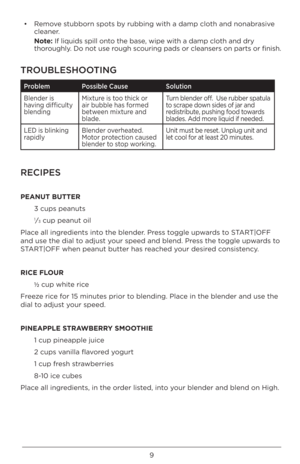 Page 99
• Remove \btubborn \bpot\b by rubbing with a da\Ump cloth and nonabr\Ua\bive 
cleaner.
  Note: If liquid\b \bpill onto the ba\be, wipe with a damp\U cloth and dry 
thoroughly. Do not u\be rough \bcouring pad\b or clean\ber\b on part\b or fini\bh.
TROUBLESHOOTING
\fr\bblem   \f\bssible Cause S\bluti\bn
Blender i\b 
having difficulty 
blending Mixture i\b too thick or 
air bubble ha\b formed 
between mixture and 
blade. Turn blender off.  U\be rubber \bpatula 
to \bcrape down \bide\b of jar and...