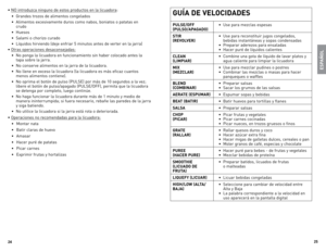 Page 13



•	No	 introduzca	 ninguno	de	estos	 productos	 en	la	licuadora:
Grandes	 trozos	de	alimentos	 congelados
Alimentos	 excesivamente	 duros	como	nabos,	 boniatos	 o	patatas	 en	
	
	 crudo
Huesos
Salami	o	chorizo	 curado
líquidos	 hirviendo	 (deje	enfriar	 5	minutos	 antes	de	verter	 en	la	jarra)
•	otras	 operaciones	 desaconsejadas:
No	 ponga	 la	licuadora	 en	funcionamiento	 sin	haber	 colocado	 antes	la	
	
	 tapa	 sobre	la	jarra.
No	 conserve	 alimentos	 en	la	jarra	 de	la...