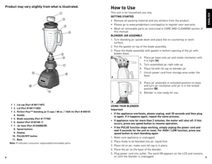 Page 3



 †   .  Lid cap (Part # 08FI)
  †    .  Lid (Part # 08EE)
  †    .  Perfect Pour™ blending jar 6 cups /  8 oz. / 0 ml (Part # 9900)
    .  Handle
  †    .  Blade assembly (Part # 77766)
  †   6.  Gasket (Part # 096-)
  †   7.  Jar base (Part # 098EZB)
    8. Speed buttons
    9.  display 
    0.  PULSE/OFF button
    .  Base
Note: †  indicates	 consumer...