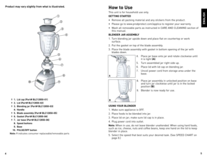 Page 3



 †   .  Lid cap (Part# BLC260-0)
  †  2.  Lid (Part# BLC260-02)
   †   .  Blending jar (Part# BLC260-0)
    .  Handle
   †   .  Blade assembly (Part# BLC260-0)
  †  6.  Gasket (Part# BLC260-0)
  †  7.  Jar base (Part# BLC260-06)
    8. Speed buttons
    9. Base 
     0.  PULSE/OFF button
Note: †  indicates	 consumer	 replaceable/removable	 parts
Product may vary slightly from what is...