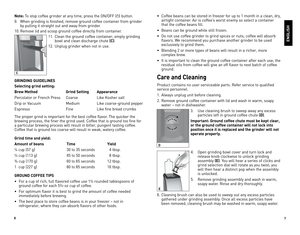 Page 4
6
7

•	 Coffee	beans 	can 	be 	stored 	in 	freezer 	for 	up 	to 	1 	month 	in 	a 	clean, 	dry,	
airtight 	container. 	Air 	is 	coffee’s 	worst 	enemy 	so 	select 	a 	container	
that 	the 	coffee 	beans 	fill.
•	 Beans 	can 	be 	ground 	while 	still 	frozen.
•	 Do 	not 	use 	coffee 	grinder 	to 	grind 	spices 	or 	nuts; 	coffee 	will 	absorb	
flavors. 	We 	recommend 	you 	purchase 	another 	grinder 	to 	be 	used	
exclusively 	to 	grind 	them.
•	 Blending 	2 	or 	more 	types 	of 	beans 	will 	result 	in...