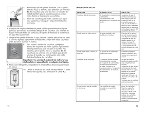 Page 9
1615
DETECCIÓN DE FALLAS
PROBLEMAPOSIBLE CAUSASOLUCIÓN
El molino deja de funcionar.Se ha soltado el recipiente de café molido.Hay demasiado café granulado en el recipiente de moler.
Asegúrese de que el conducto de descarga esté limpio y libre de granos de café; si se acumulan granos de café, el café molido se 
deslizará hacia adelante. Desenchufe el aparato y retire algunos granos del recipiente de moler. 
El café tiene un sabor rancio.Se ha acumulado café molido en el molino.El aceite de los granos de...