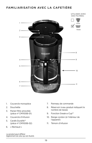 Page 1919
Le produit peut différer légèrement de celui qui est illustré.
FAMILIARISATION AVEC LA CAFETIÈRE 
1. Couvercle monopièce
2.  Douchette
3.    Panier-filtre amovible 
 
(pièce nº CM11\b\bB-\b1)
4.    Couvercle d’infusion
5.    Carafe Duralife™ 
 
(pièce nº CM11\b\bB-\b2) 
6.  « Réchaud » 7.
  Panneau de commande 
8.    Réservoir à eau gradué indiquant le 
nombre de tasses 
9.  Fonction Sneak-a-Cup™
1\b.    Range-cordon (à l’intérieur de 
l’appareil)
11.  Témoin d’infusion
1
2
8
3
9
5 4
1\b
11
6
7  