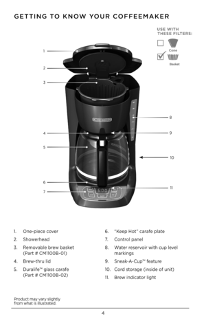 Page 44
GETTING TO \fNOW YOUR COFFEEMA\fER
1. One-piece cover
2.  Showerhead
3.  Removable brew basket 
 
 (Part # CM11\b\bB-\b1)
4.  Brew-thru lid 
5.  Duralife™ glass carafe
 
 (Part # CM11\b\bB-\b2) 6. 
“Keep Hot ” carafe plate
7.   Control panel
8.    Water reservoir with cup level 
markings
9.  Sneak-A-Cup™ feature 
1\b.  Cord storage (inside of unit)
11.  Brew indicator light
Product may vary slightly 
from what is illustrated.
1
2
8
3
9
5 4
1\b
11
6
7  