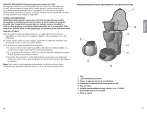 Page 9
16
17

ENCHUFE POLARIZADO (Solamente para los modelos de 10V)
e ste 	aparato 	cuenta 	con 	un 	enchufe 	polarizado 	(un 	contacto 	es 	más 	ancho 	que	
el 	otro). 	A 	fin 	de 	reducir 	el 	riesgo 	de 	un 	choque 	eléctrico, 	este 	enchufe 	encaja	
en 	un 	tomacorriente 	polarizado 	en 	un 	solo 	sentido. 	Si 	el 	enchufe 	no 	entra 	en 	el	
tomacorriente, 	inviértalo 	y 	si 	aun 	así 	no 	encaja, 	consulte 	con 	un 	electricista. 	Por 	favor	
no 	trate 	de 	alterar 	esta 	medida 	de 	seguridad...