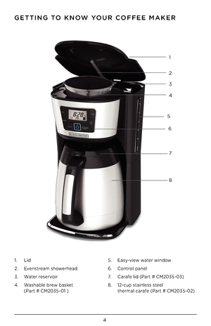 Page 44
GETTING TO KNOW YOUR COFFEE MAKER
1. Lid
2. Evenstream showerhead
3. Water reservoir
4. Washable brew basket  
 (Part # CM2035-01 )
5. Easy-view water window
6. Control panel
7. Carafe lid (Part # CM2035-03)
8. 12-cup stainless steel  
  thermal carafe (Part # CM2035-02)
1
2
3
4
8
7
6
5 