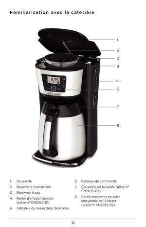 Page 3232
Familiarisation avec la cafetière
1. Couvercle
2. Douchette Evenstream
3. Réservoir à eau
4. Panier d’infusion lavable  
 (pièce n° CM2035-01)
5. Indicateur du niveau d’eau facile à lire
6. Panneau de commande
7. Couvercle de la carafe (pièce n°  
  CM2035-03)
8. Carafe isotherme en acier  
 inoxydable de 12 tasses  
 (pièce n° CM2035-02)
1
2
3
4
8
7
6
5 